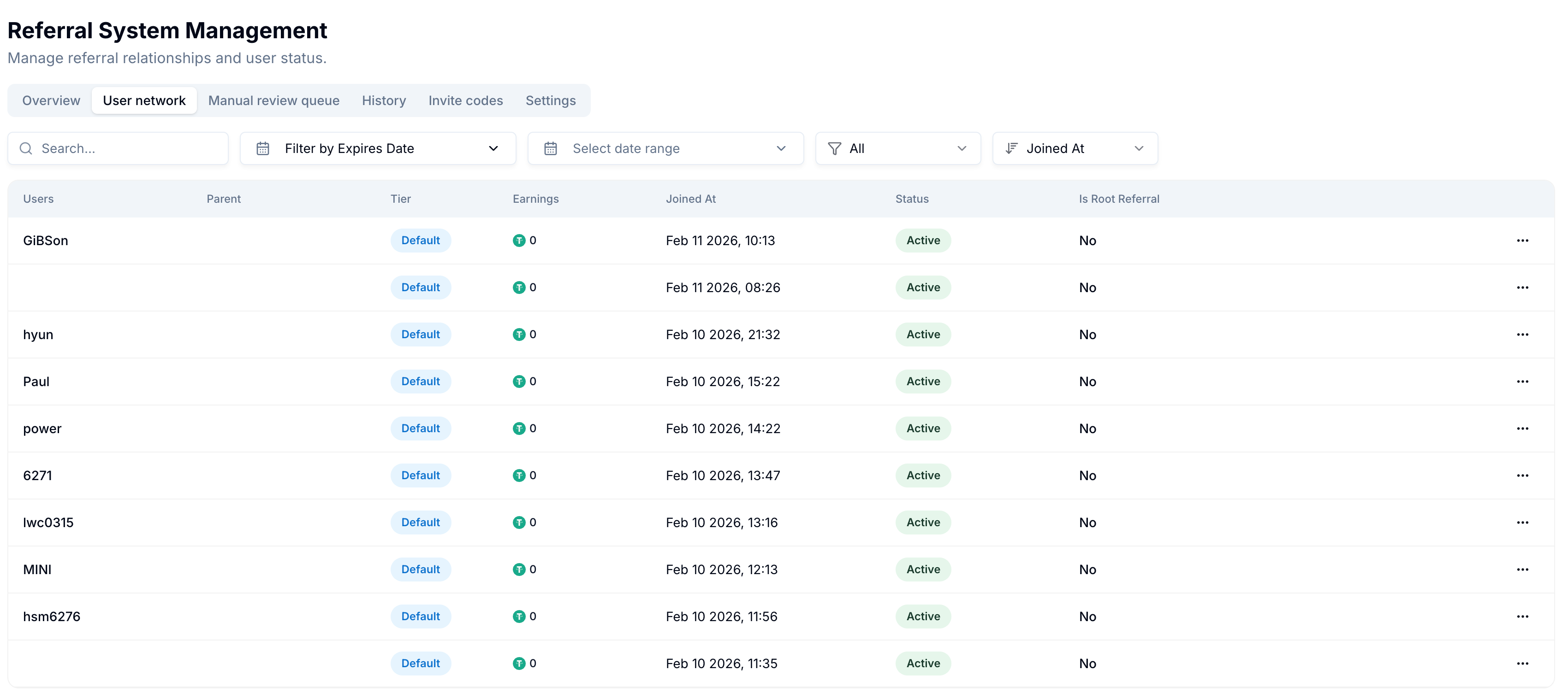 User network tab